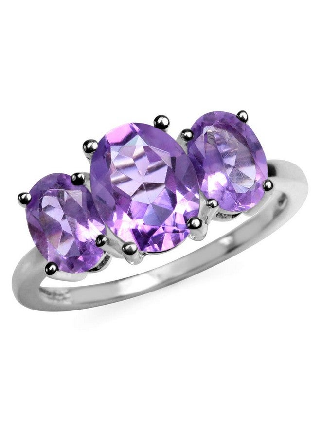 Silvershake 3-Stone Oval Shape Birthstone Gemstone White Gold Plated or Yellow Gold Plated 925 Sterling Silver Ring Jewelry for Women, 8, Sterling Silver Rhodium (White Gold Plated), Amethyst - Image 1