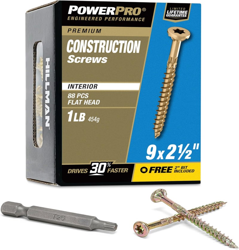 Power Pro 48583 Wood Screws, 9 x 2-1/2, Premium Star Drive Indoor Cabinet Screws, Gold Yellow Zinc, 1lb Box - Image 1