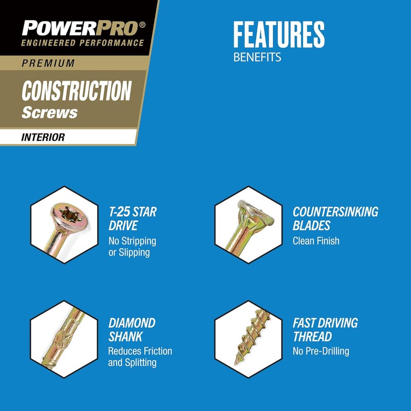 Power Pro 48583 Wood Screws, 9 x 2-1/2, Premium Star Drive Indoor Cabinet Screws, Gold Yellow Zinc, 1lb Box - Image 2