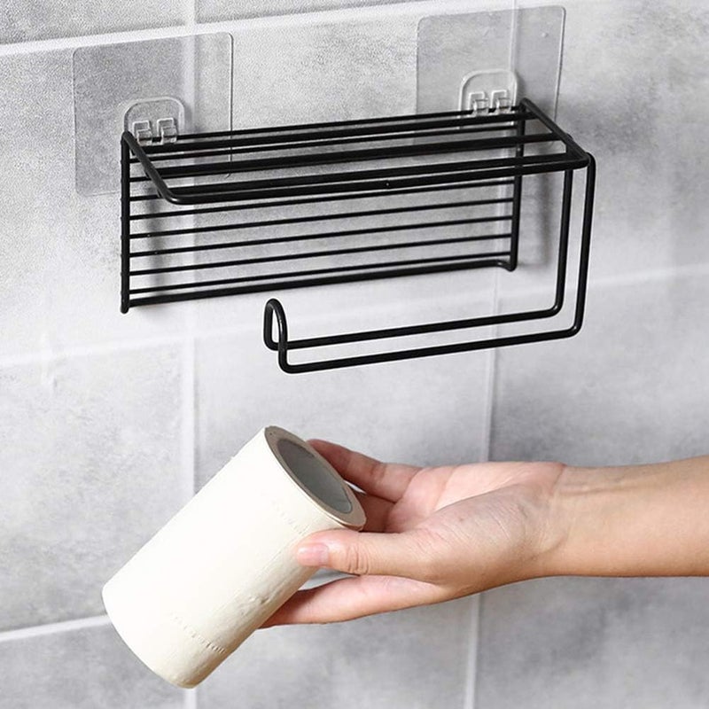 Pathavi Wall-Mounted Toilet Paper Holder with Phone Shelf – No-Drill Adhesive Bathroom Tissue Roll Stand, Rustproof Metal Rack for Bathroom Storage (Black) - Image 4