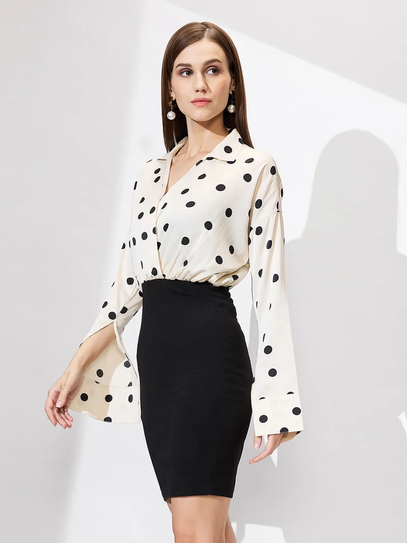 globus Globus Women Shirt Collar Cuffed Sleeves Polka Dots Satin Gathered Mini Bodycon Workwear Dress