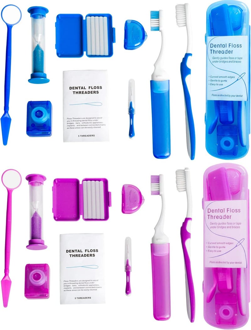 Wenge Portable Orthodontic Oral Care Kit  2Pack  Travel Kit for Patients Interdental Brushing Wax Floss Toothbrush CleaningPurple  Blue - Image 1
