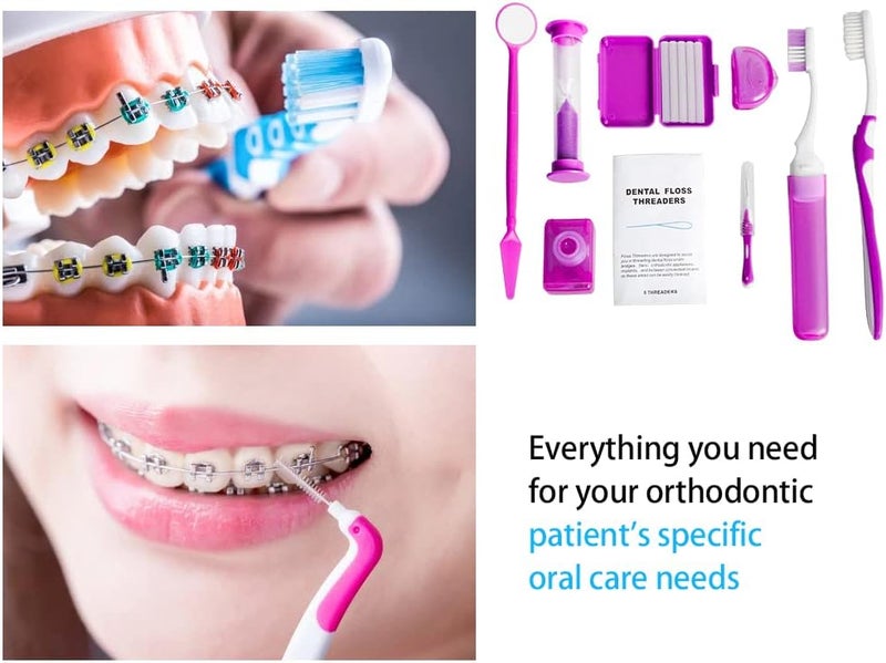 Wenge Portable Orthodontic Oral Care Kit  2Pack  Travel Kit for Patients Interdental Brushing Wax Floss Toothbrush CleaningPurple  Blue - Image 3