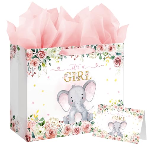 Laidans 13 Large Baby Shower Birthday Gift Bag for Girl with Tissue Papers and Card Pink Floral Elephant Design with Handles Large Pink - Image 2