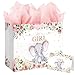 Laidans 13 Large Baby Shower Birthday Gift Bag for Girl with Tissue Papers and Card Pink Floral Elephant Design with Handles Large Pink - Image 1