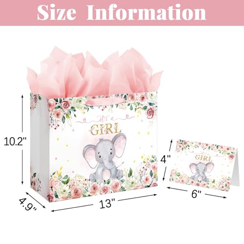Laidans 13 Large Baby Shower Birthday Gift Bag for Girl with Tissue Papers and Card Pink Floral Elephant Design with Handles Large Pink - Image 5