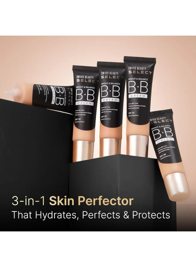 سويس بيوتي SWISS BEAUTY Medium, buildable All Select Bright & Balance Multifunctional Bb Cream With Spf 30 | Protects, Hydrates And Covers | Infused Niacinamide And Wheat Germ Oil | Shade- My Cinnamon, 30G|