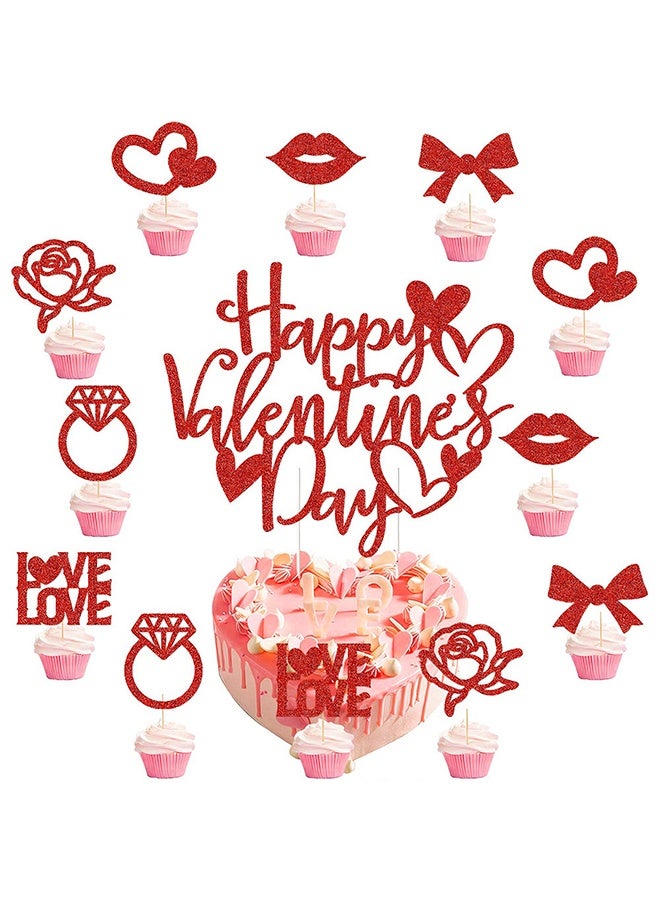 Happy D 13Pack Valentine's Day cake topper picks, red glitter heart cupcake toppers, suitable for wedding and bridal shower cake decoration - Image 1