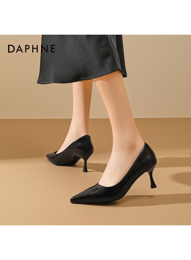 Daphne Nude High Heels 2025 Women's Shoes French Fine Heel Single Shoes With Skirt Pointed Toe Commuting Leather Shoes Women Black Size 38