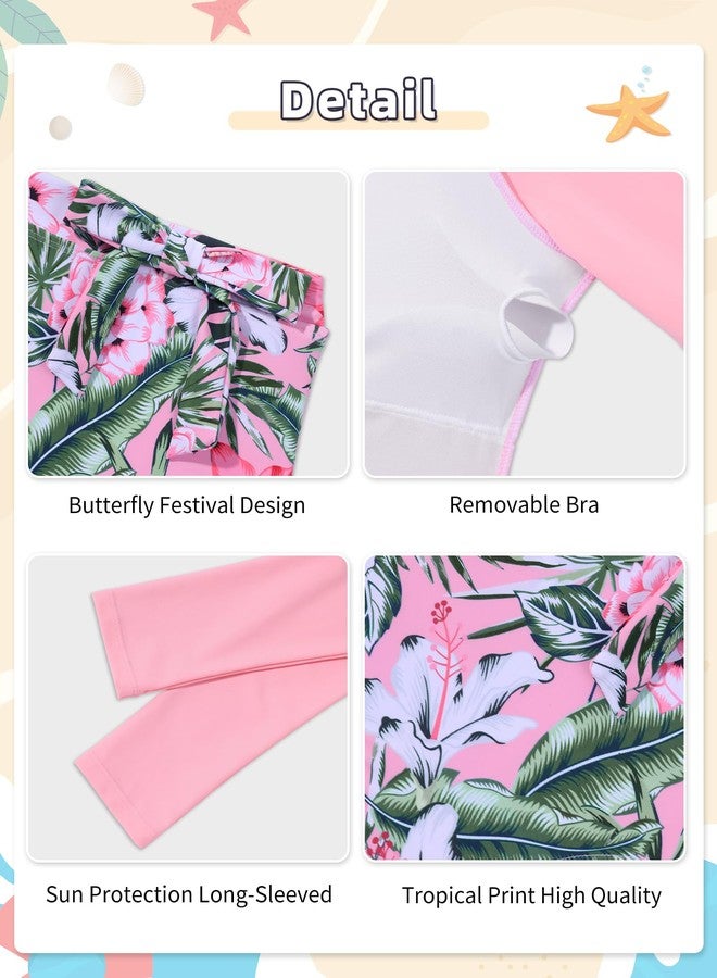 Fuermos Girls Rash Guard Swimsuits 2 Piece Long Sleeve Swimsuit and Tropical Print Bathing Suit Girls' Swimwear 6-14Y, Pink and Floral Prints, 11-12 Years - Image 5