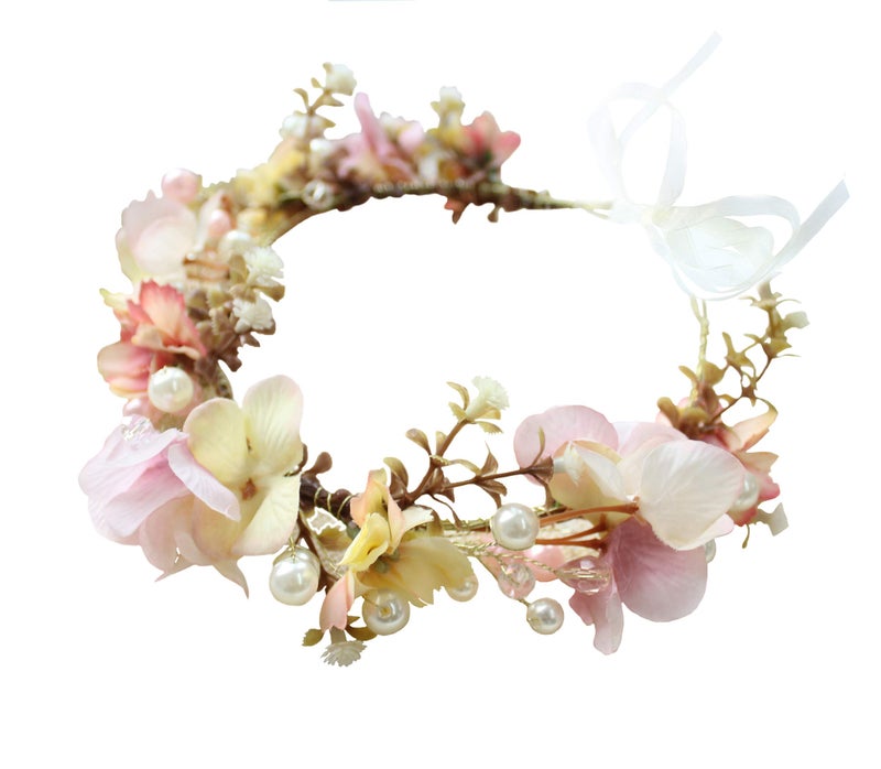 LLinfflr Pearl Flower Crown Floral Garland Headband Flower Halo Headpiece Hair Wreath Boho Wedding Photos Pink - Image 1