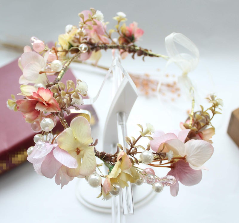 LLinfflr Pearl Flower Crown Floral Garland Headband Flower Halo Headpiece Hair Wreath Boho Wedding Photos Pink - Image 5