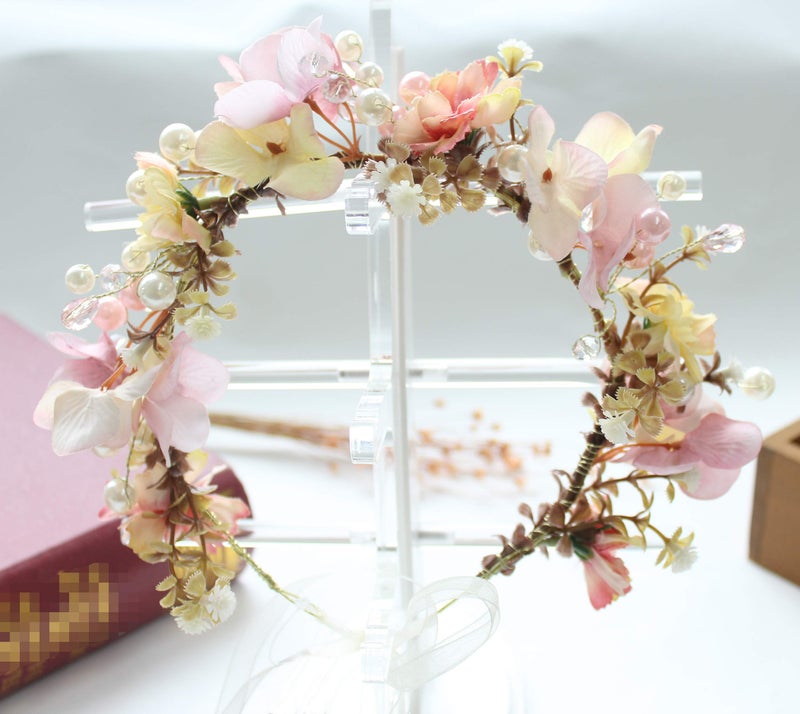 LLinfflr Pearl Flower Crown Floral Garland Headband Flower Halo Headpiece Hair Wreath Boho Wedding Photos Pink - Image 3