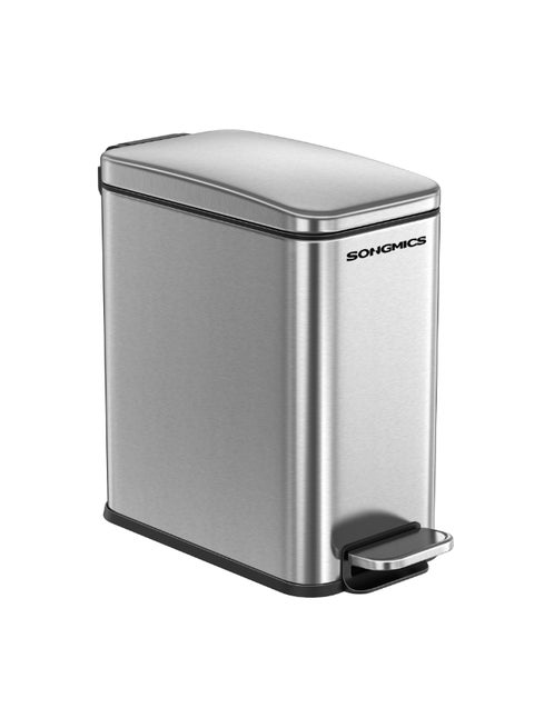 SONGMICS Bathroom Bin, 5L Small Bin with Lid, Pedal Toilet Bin, Slim for Small Spaces, Steel, Soft Close, Silver