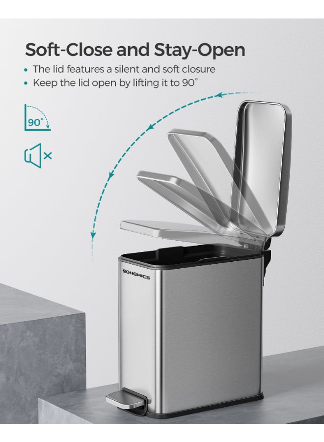 SONGMICS سلة حمام SONGMICS، سلة صغيرة بسعة 5 لتر مع غطاء، سلة مرحاض بدواسة، نحيفة للمساحات الصغيرة، فولاذ، إغلاق ناعم، فضي - Image 5