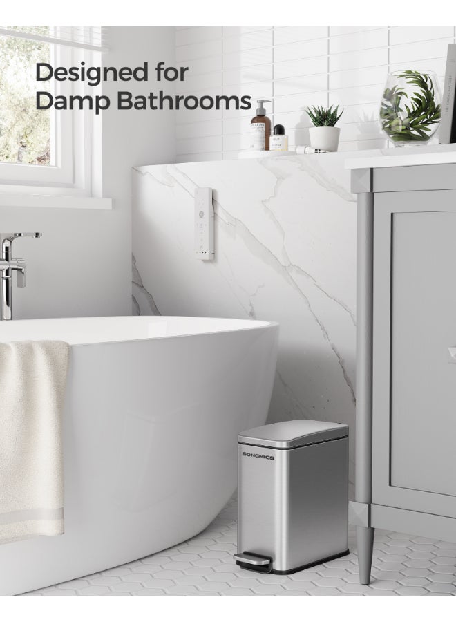 SONGMICS سلة حمام SONGMICS، سلة صغيرة بسعة 5 لتر مع غطاء، سلة مرحاض بدواسة، نحيفة للمساحات الصغيرة، فولاذ، إغلاق ناعم، فضي - Image 3