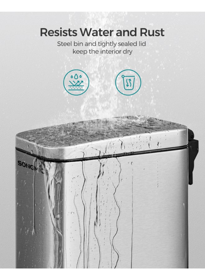 SONGMICS سلة حمام SONGMICS، سلة صغيرة بسعة 5 لتر مع غطاء، سلة مرحاض بدواسة، نحيفة للمساحات الصغيرة، فولاذ، إغلاق ناعم، فضي - Image 4