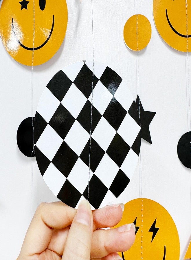 pinkblume One Happy Dude 1st Birthday Decorations Black Yellow Smile Face Lightning Star Checkered Circle Dot Smiley Face Garland Streamer for Baby Shower First Birthday Wedding Hippie Party Decoration Supplies - Image 3