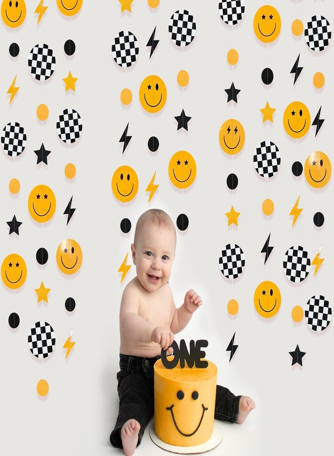 pinkblume One Happy Dude 1st Birthday Decorations Black Yellow Smile Face Lightning Star Checkered Circle Dot Smiley Face Garland Streamer for Baby Shower First Birthday Wedding Hippie Party Decoration Supplies - Image 4