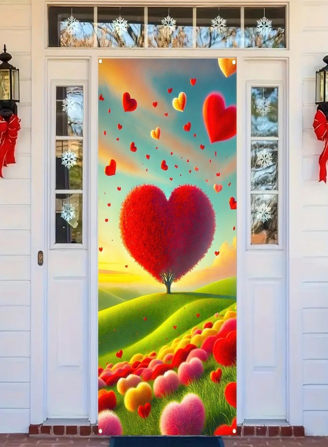 BlissYard Valentine's Day Door Cover 70x35 Heart Tree Backdrop Romantic Photo Background Banner for Home and Party Decorations - Image 1