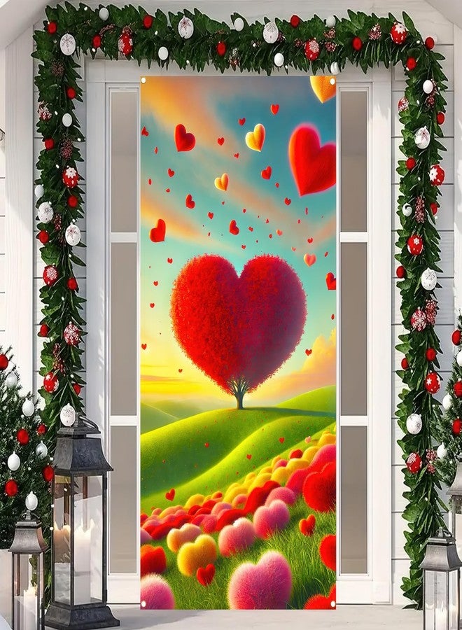 BlissYard Valentine's Day Door Cover 70x35 Heart Tree Backdrop Romantic Photo Background Banner for Home and Party Decorations - Image 5