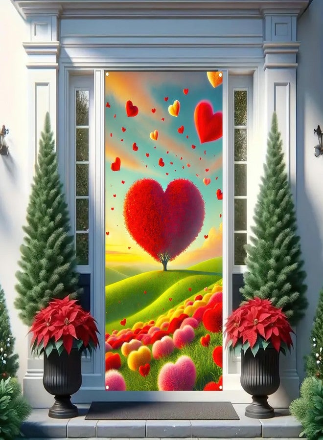 BlissYard Valentine's Day Door Cover 70x35 Heart Tree Backdrop Romantic Photo Background Banner for Home and Party Decorations - Image 3