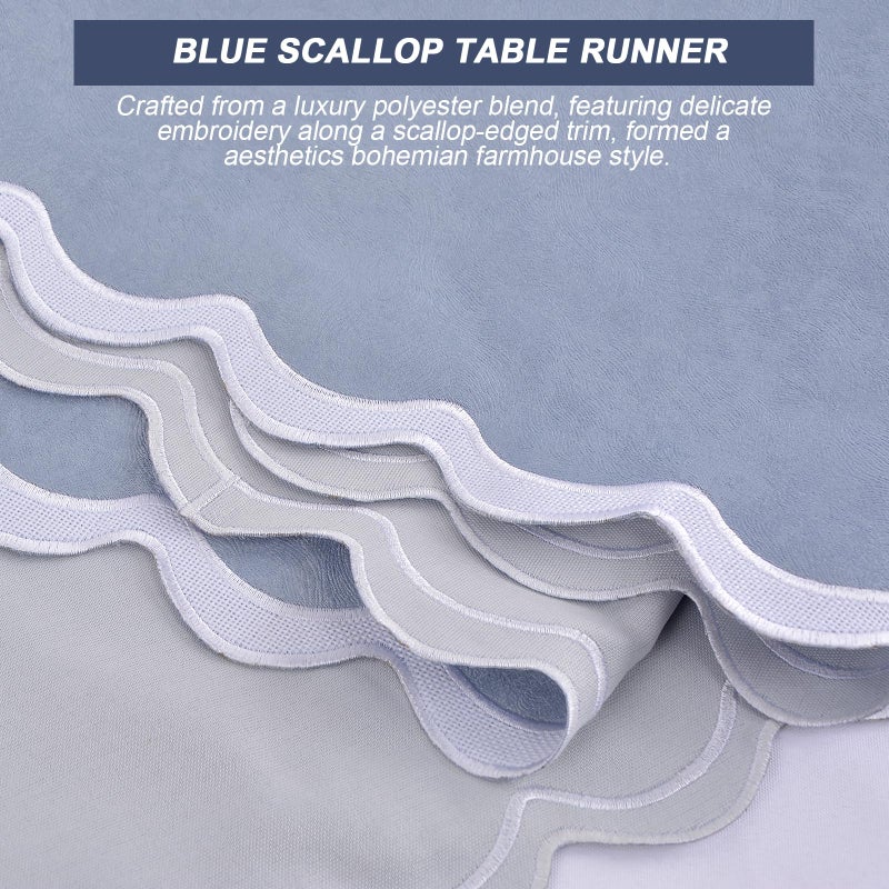 yuboo Dusty Blue Table Runner 15x70 inches, Boho Scalloped Table Runner, Rustic Farmhouse Dresser Runners Cover Top for Bedroom, Dining Table, Coffee Table, Spring Blue Coquette Home Decor - Image 3