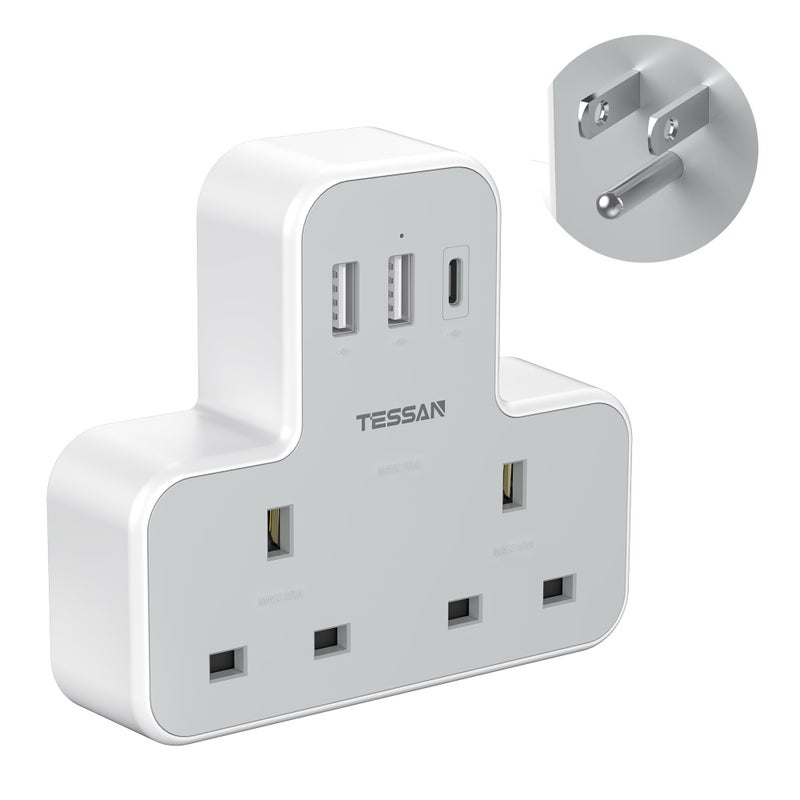 تيسان TESSAN 2 Way UK to US Plug Adaptor with 3 USB Ports (1 USB C) - Image 1
