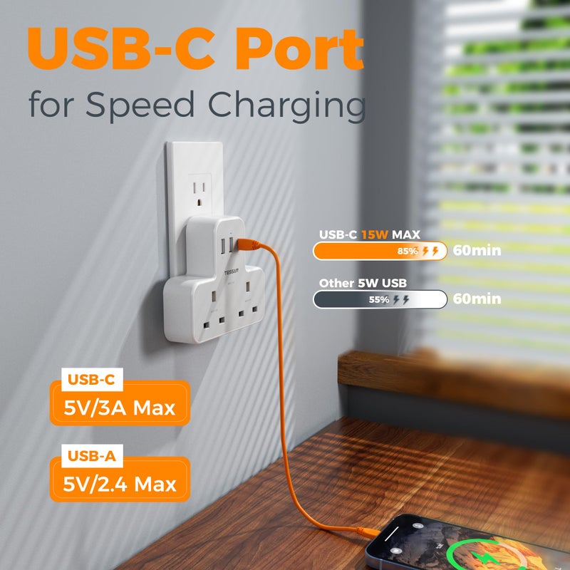 تيسان TESSAN 2 Way UK to US Plug Adaptor with 3 USB Ports (1 USB C) - Image 3