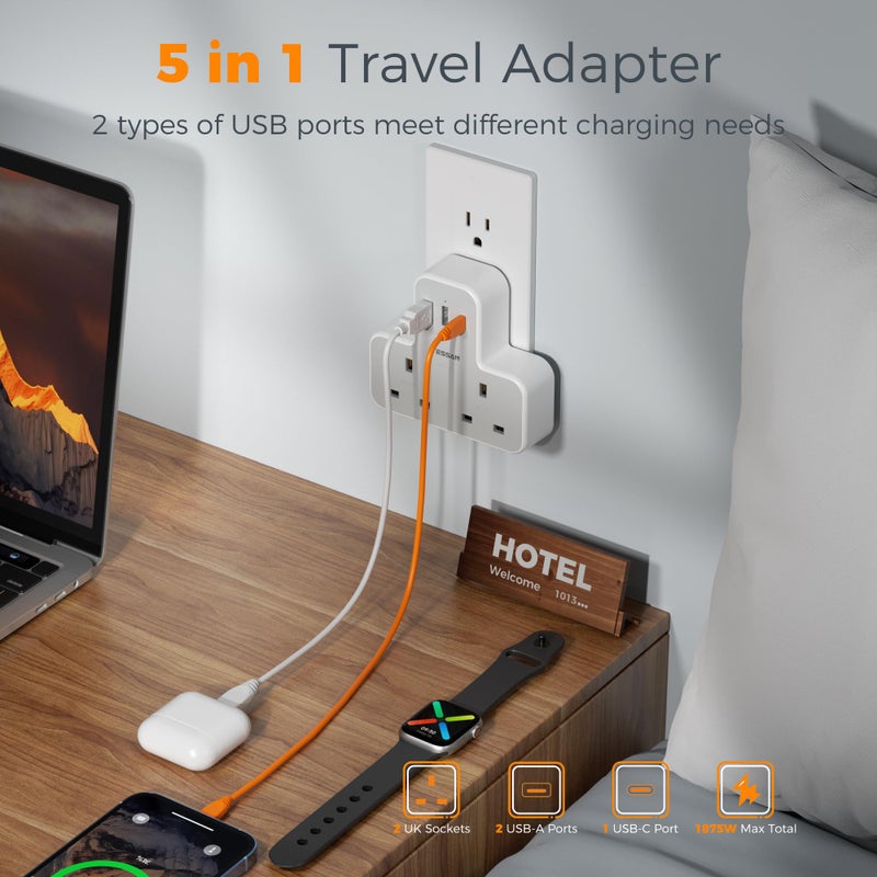 تيسان TESSAN 2 Way UK to US Plug Adaptor with 3 USB Ports (1 USB C) - Image 4
