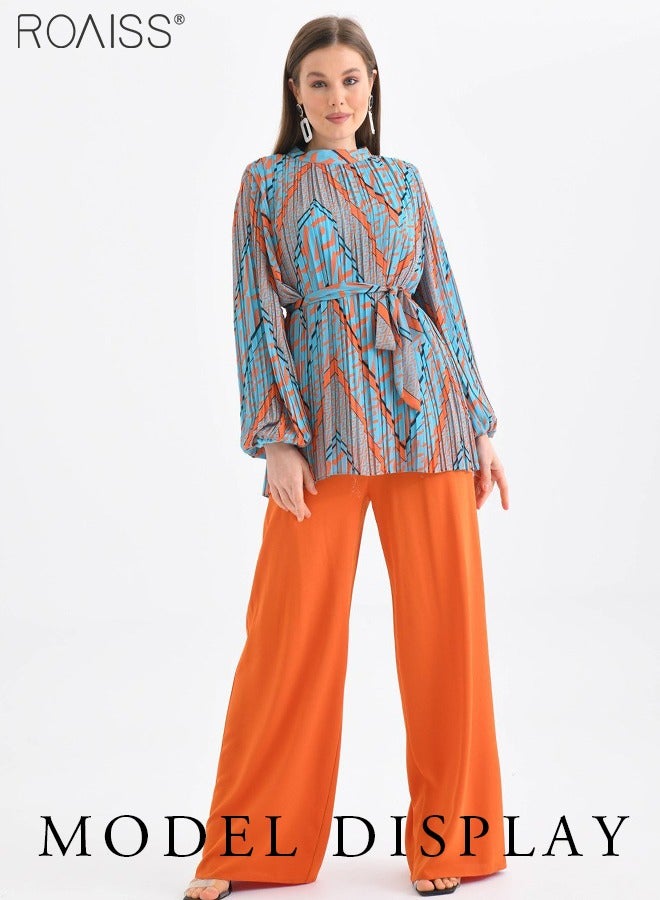 roaiss 2-Piece Fashionable Casual Suit For Women Printed Pleated Waist Long-Sleeved Top And Solid Color Elastic Waist Wide-Leg Pants For Daily Commuting Suit  - Image 1