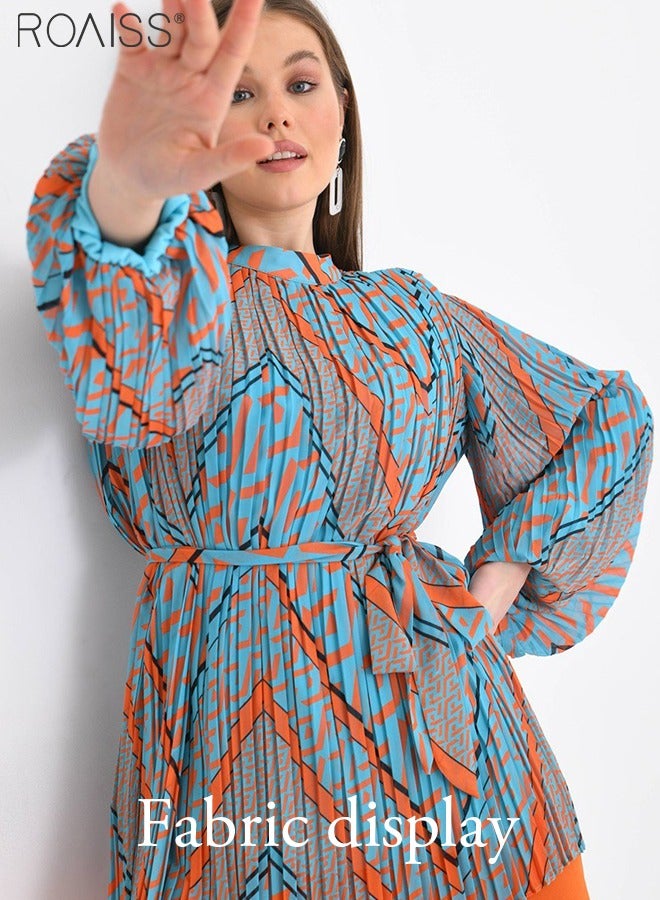 roaiss 2-Piece Fashionable Casual Suit For Women Printed Pleated Waist Long-Sleeved Top And Solid Color Elastic Waist Wide-Leg Pants For Daily Commuting Suit  - Image 3