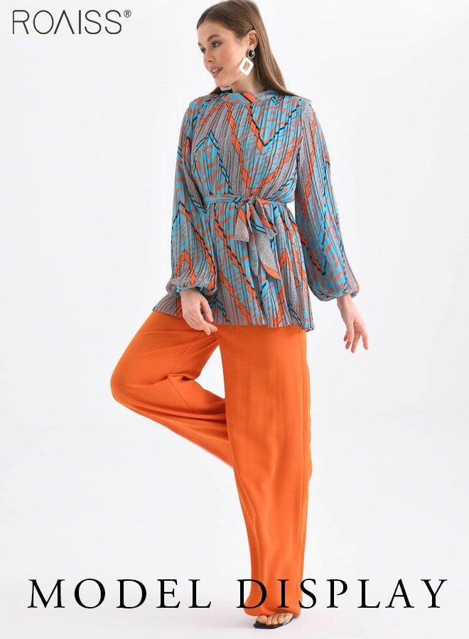 roaiss 2-Piece Fashionable Casual Suit For Women Printed Pleated Waist Long-Sleeved Top And Solid Color Elastic Waist Wide-Leg Pants For Daily Commuting Suit  - Image 2