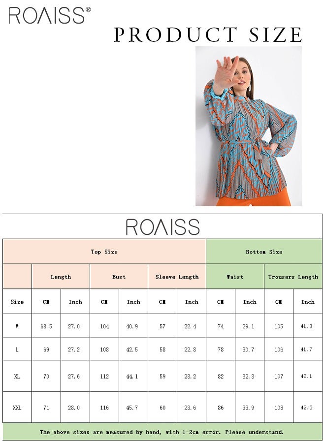 roaiss 2-Piece Fashionable Casual Suit For Women Printed Pleated Waist Long-Sleeved Top And Solid Color Elastic Waist Wide-Leg Pants For Daily Commuting Suit  - Image 5