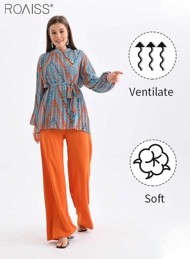 roaiss 2-Piece Fashionable Casual Suit For Women Printed Pleated Waist Long-Sleeved Top And Solid Color Elastic Waist Wide-Leg Pants For Daily Commuting Suit  - Image 4