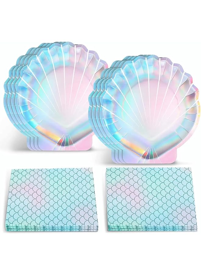 Raxoom Party Supplies Set, Party Decorations Disposable Mermaid Paper Plates and Napkins Seashell for Birthday Wedding 24 Clam Shell Plates and 20 Mermaid Scales Napkins Mermaid 44 PCS - Image 1