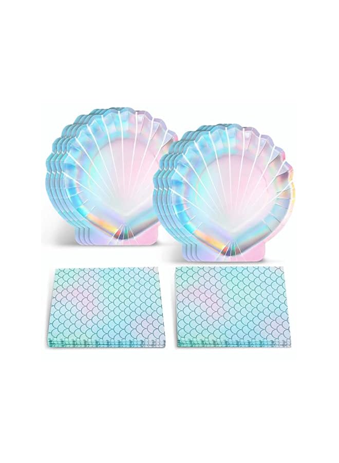 Raxoom Party Supplies Set, Party Decorations Disposable Mermaid Paper Plates and Napkins Seashell for Birthday Wedding 24 Clam Shell Plates and 20 Mermaid Scales Napkins Mermaid 44 PCS - Image 2