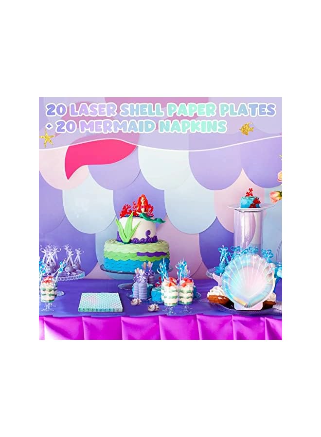 Raxoom Party Supplies Set, Party Decorations Disposable Mermaid Paper Plates and Napkins Seashell for Birthday Wedding 24 Clam Shell Plates and 20 Mermaid Scales Napkins Mermaid 44 PCS - Image 3