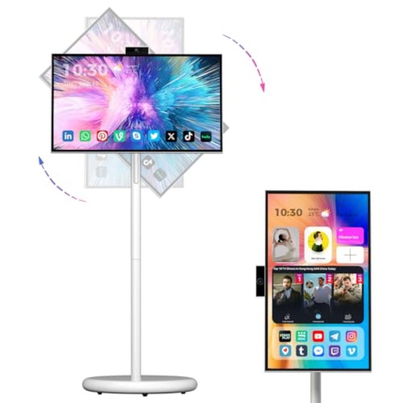Portable TV on wheels for home office use, aluminum alloy body, matte black finish, 27-inch 1080P touch screen with 27000mAh battery and WiFi connectivity - Image 1