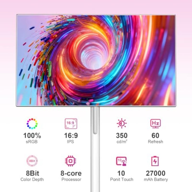 Portable TV on wheels for home office use, aluminum alloy body, matte black finish, 27-inch 1080P touch screen with 27000mAh battery and WiFi connectivity - Image 2