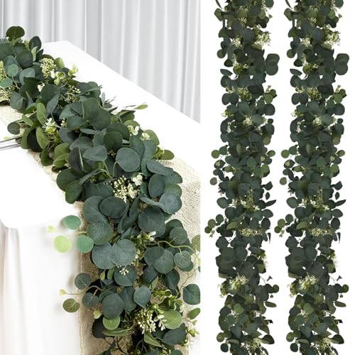 DEYIXUN 2Pcs 6FT Eucalyptus Garland Green Garland with FlowersArtificial Faux Greenery Vines for centerpieces Wedding Party Table Runner Room Home Mantle Decor - Image 1