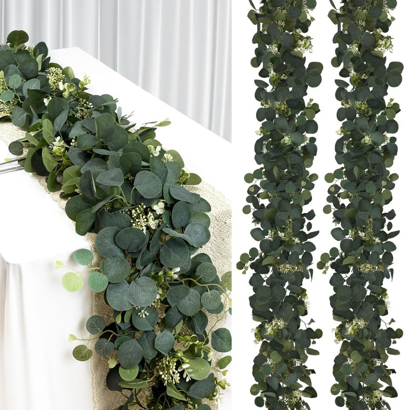 DEYIXUN 2Pcs 6FT Eucalyptus Garland Green Garland with FlowersArtificial Faux Greenery Vines for centerpieces Wedding Party Table Runner Room Home Mantle Decor - Image 2