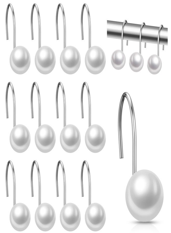 Threehoney 12 Pcs Shower Curtain Hooks Ivory Artifical Pearl Decorative Shower Curtain Rings Vintage Rustproof Cute Curtain Hooks for Country Farmhouse Bathroom Decor - Image 1