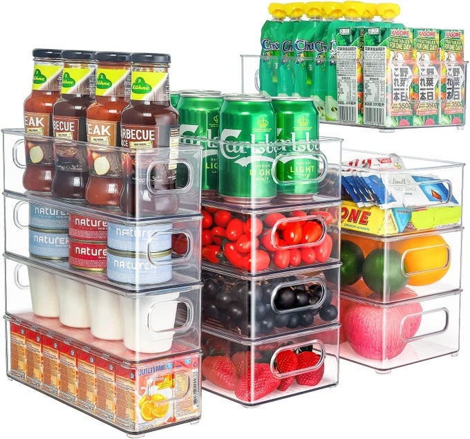 SET OF 12 REFRIGERATOR ORGANIZER BINS 3 SIZE STACKABLE PLASTIC CLEAR FOOD STORAGE BIN WITH HANDLES FOR PANTRY FREEZER FRIDGE CABINET KITCHEN COUNTERTOPS