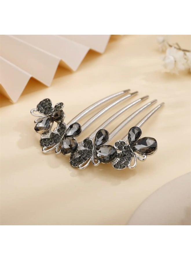 Aimimier Butterfly Rhinestone French Hair Combs Dainty Crystal Hair Pieces Wedding Long Teeth Hair Pins Luxury Bridal Hair Accessories for Women and Girls(Gray) - Image 3