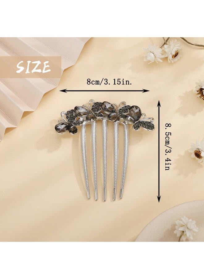 Aimimier Butterfly Rhinestone French Hair Combs Dainty Crystal Hair Pieces Wedding Long Teeth Hair Pins Luxury Bridal Hair Accessories for Women and Girls(Gray) - Image 2