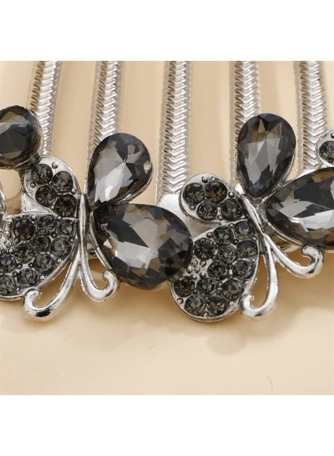 Aimimier Butterfly Rhinestone French Hair Combs Dainty Crystal Hair Pieces Wedding Long Teeth Hair Pins Luxury Bridal Hair Accessories for Women and Girls(Gray) - Image 4