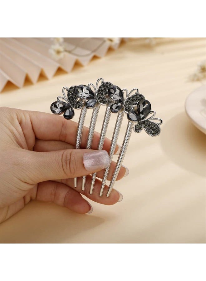 Aimimier Butterfly Rhinestone French Hair Combs Dainty Crystal Hair Pieces Wedding Long Teeth Hair Pins Luxury Bridal Hair Accessories for Women and Girls(Gray) - Image 5