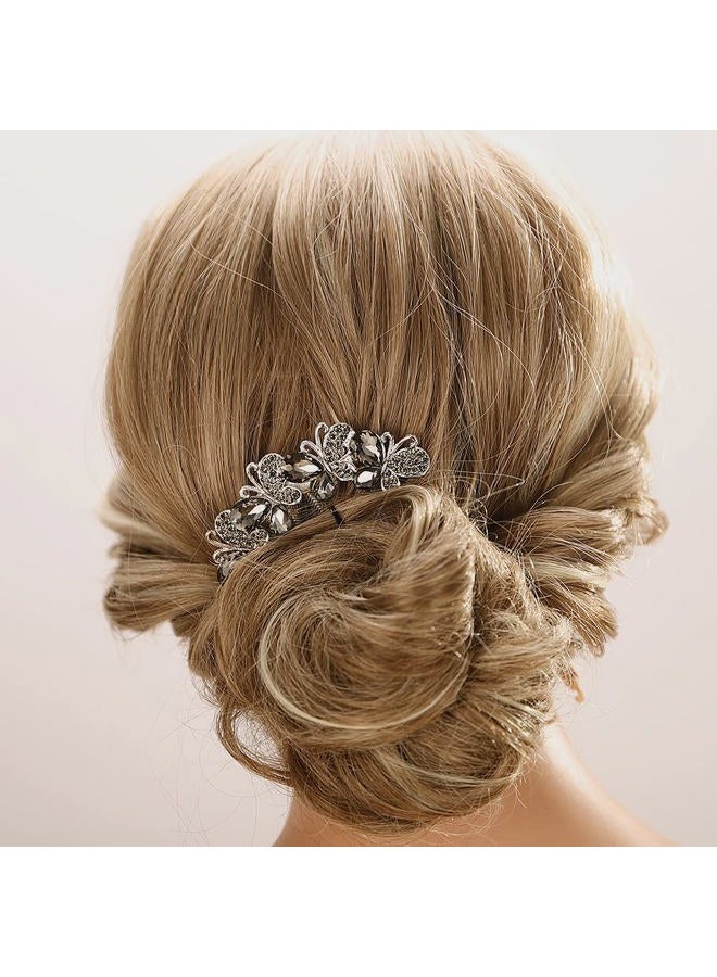 Aimimier Butterfly Rhinestone French Hair Combs Dainty Crystal Hair Pieces Wedding Long Teeth Hair Pins Luxury Bridal Hair Accessories for Women and Girls(Gray) - Image 1