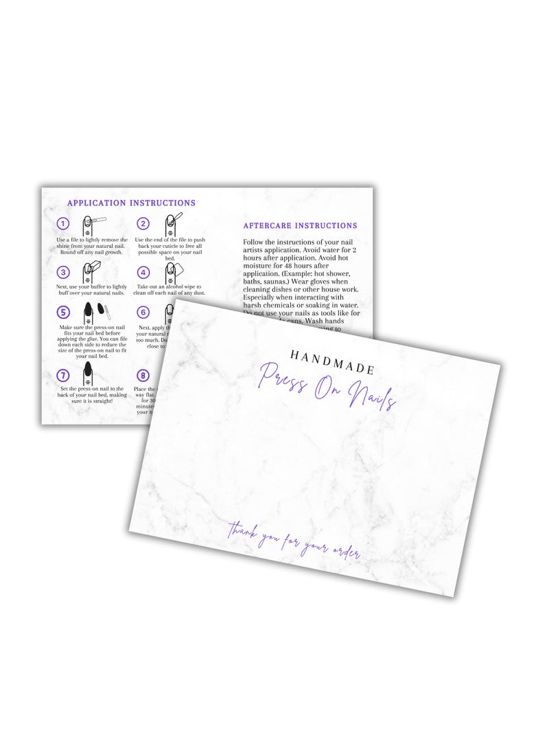 Lashicorn Handmade Acrylic Press On Nails Display Card | 5x7” 30 pk | w/Application Aftercare Instructions Inserts Marble for Packaging in Your 6 * 9 Holographic Bags Use With Double Sided Tape  - Image 1